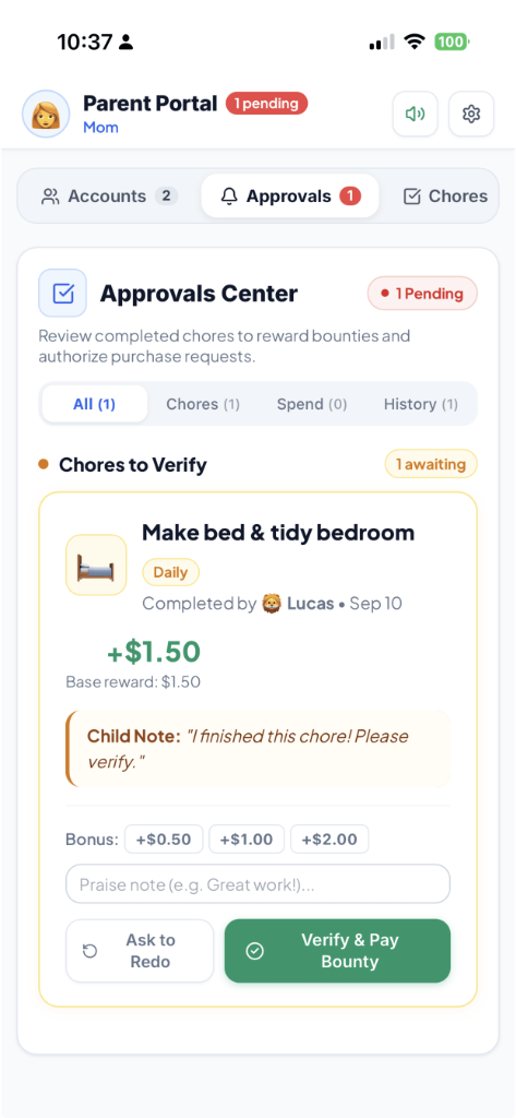 Parent Approvals Center and Chore Bounties